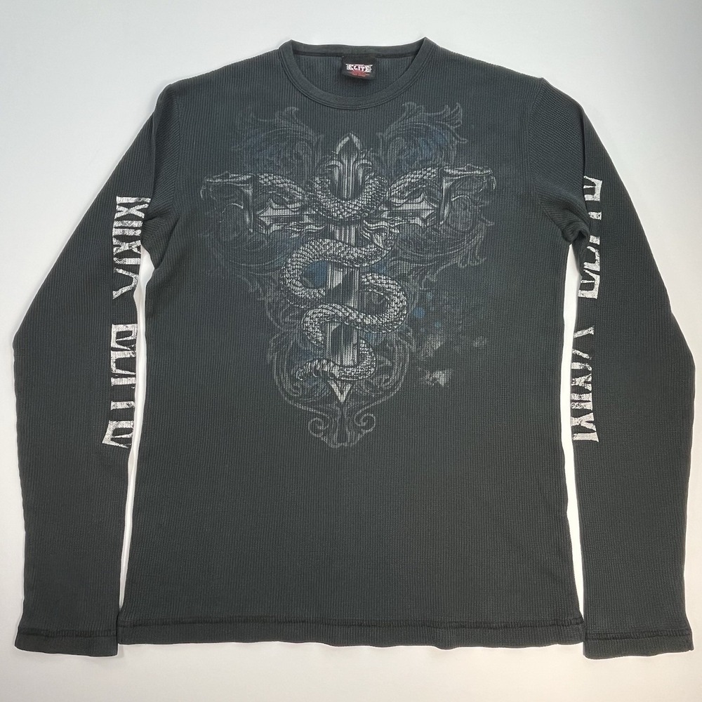 MMA Elite Mens Med Thermal Waffle Knit Shirt Cross Snake Grunge Y2K Vintage